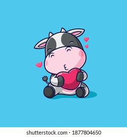 Cute cow holding love icon illustration. cow mascot cartoon character