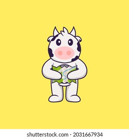 Cute cow holding a map. Animal cartoon concept isolated. Can used for t-shirt, greeting card, invitation card or mascot.