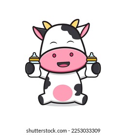 Cute cow holding milk bottle pacifier cartoon icon illustration. Design isolated flat cartoon style