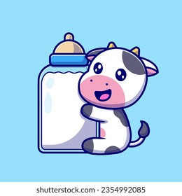 Cute Cow Holding Milk Bottle Cartoon Vector Icon Illustration. Animal Drink Icon Concept Isolated Premium Vector. Flat Cartoon Style