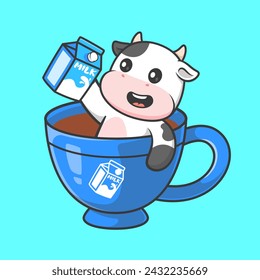 Cute Cow Holding Milk In Coffee Cartoon Vector Icon Illustration. Animal Drink Icon Concept Isolated Premium Vector. Flat Cartoon Style