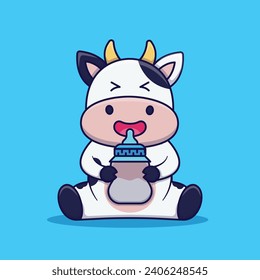 Cute Cow Holding Milk Pacifier Vector Cartoon Illustration