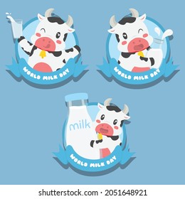 Cute cow holding milk, World Milk Day badges vector set.