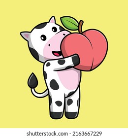 Cute Cow Holding Peach Fruit Cartoon Vector Icon Illustration. Animal Fruit Icon Concept Isolated Premium Vector.