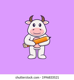 Cute cow holding a pencil. Animal cartoon concept isolated. Can used for t-shirt, greeting card, invitation card or mascot.