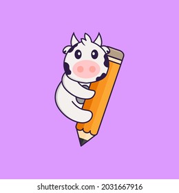 Cute cow holding a pencil. Animal cartoon concept isolated. Can used for t-shirt, greeting card, invitation card or mascot.