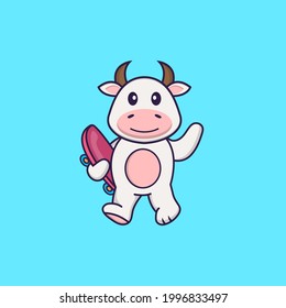 Cute cow holding a skateboard. Animal cartoon concept isolated. Can used for t-shirt, greeting card, invitation card or mascot.
