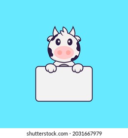 Cute cow holding whiteboard. Animal cartoon concept isolated. Can used for t-shirt, greeting card, invitation card or mascot.
