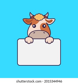 Cute cow holding whiteboard. Vector Illustration