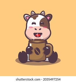 Cute cow with hot coffee. Cute animal cartoon illustration. Flat isolated vector illustration for posters, brochures, web, mascots, stickers, logos and icons.