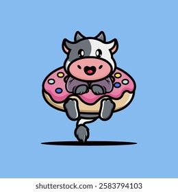 Cute cow hug big doughnut cartoon