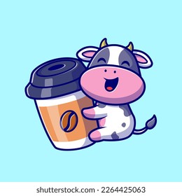 Cute Cow Hug Coffee Cup Cartoon Vector Icon Illustration. Animal Drink Icon Concept Isolated Premium Vector. Flat Cartoon Style