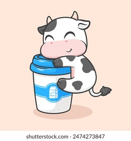Cute Cow Hug Coffee Cup Cartoon Vector Icon Illustration. Animal Drink Icon Concept Isolated Premium Vector. Flat Cartoon Style