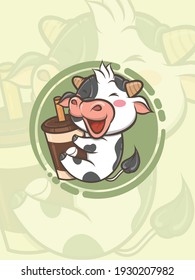cute cow hugging coffee cup - cartoon character and logo illustration