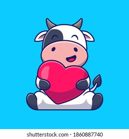 Cute Cow Hugging Heart Cartoon. Love concept. Vector Icon Illustration. Animal Nature Icon Concept Isolated Premium Vector. Flat Cartoon Style