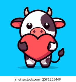 cute cow hugging heart cartoon character flat color vector illustration template design