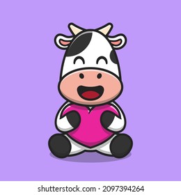 Cute cow hugging love heart cartoon icon illustration. Animal nature icon concept isolated premium vector. Flat cartoon style