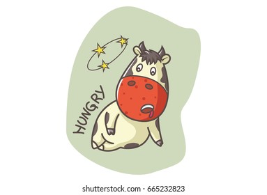Cute Cow Hungry. Vector illustration. Isolated on white background.