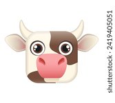 Cute cow icon for mobile app, simple farm animal head in square shape vector illustration