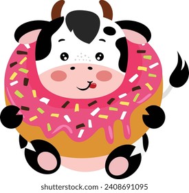 Cute cow inside a delicious donut