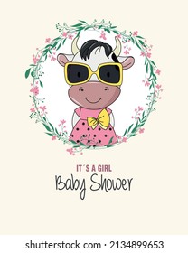 Cute cow inside flower frame. Isolated vector	
