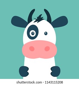 Cute cow isolated on blue background. Vector illustration in cartoon flat design style