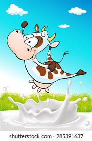 Cute Cow Jumping Over Milk Splash With Natural Background - Vector