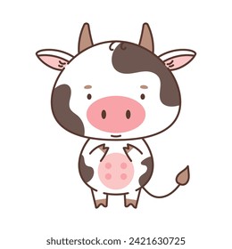 Una vaca linda al estilo kawaii. Animales bonitos al estilo kawaii. Dibujos para niños. Ilustración vectorial aislada