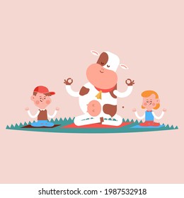 Cute cow and kids in yoga poses vector cartoon illustration isolated on background.
