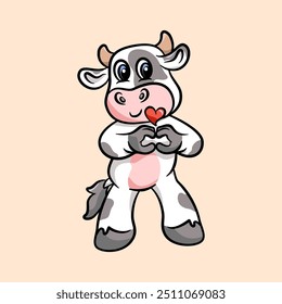 Cute Cow With Korean Love Sign Hand  Cartoon, Vector Icon Illustration, Vector Illustration in Flat Cartoon Style, 
Vector illustration, Icon Concept Isolated Premium Vector, 
