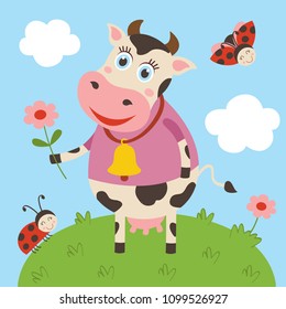 Cute Cow And Ladybug On Meadow  - Vector Illustration, Eps
