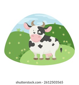  Cute cow with landscape. Vector illustration of farm animal in flat style.