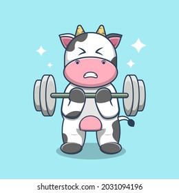 Cute Cow Lifting Dumbbell cartoon vector illustration. Animal Sport Themed Icon Illustration. Cow Cartoon Flat Design Style. Character Cow Vector. Cow Gym Mascot.