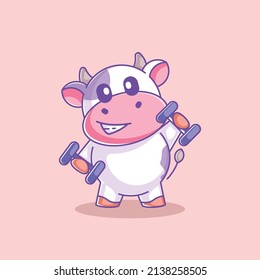Cute cow lifting dumbbell cartoon