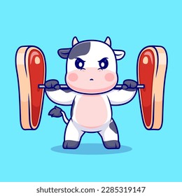 Cute Cow Lifting Steak Meat Barbell Cartoon Vector Icon Illustration. Animal Sport Icon Concept Isolated Premium Vector. Flat Cartoon Style