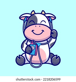 Cute Cow Listening Music Cartoon Vector Icon Illustration. Animal Music Icon Concept Isolated Premium Vector. Flat Cartoon Style