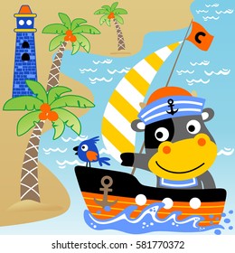 Cute cow with little bird on sailboat, lighthouse in the beach, vector cartoon illustration