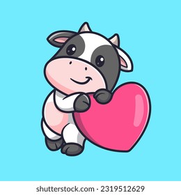 Cute Cow With Love Heart Cartoon Vector Icon Illustration. Animal Love Icon Concept Isolated Premium Vector. Flat Cartoon Style