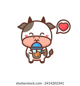Cute cow loves drink bubble tea cartoon illustration