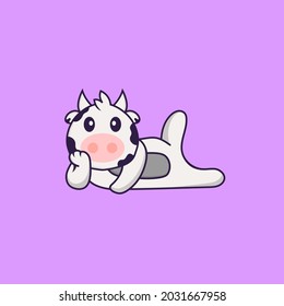 Cute cow lying down. Animal cartoon concept isolated. Can used for t-shirt, greeting card, invitation card or mascot.
