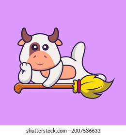 Cute cow lying on Magic Broom. Animal cartoon concept isolated. Can used for t-shirt, greeting card, invitation card or mascot.