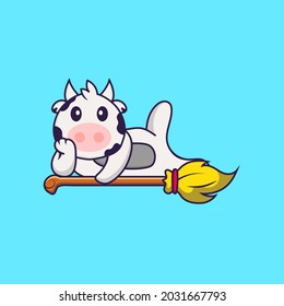 Cute cow lying on Magic Broom. Animal cartoon concept isolated. Can used for t-shirt, greeting card, invitation card or mascot.