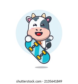 cute cow mascot cartoon character with skateboard