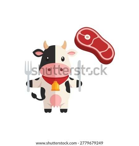Cute cow mascot character standing and holding a fork and knife. Cute cow eating steak meat with fork and knife. Flat vector mascot illustration.