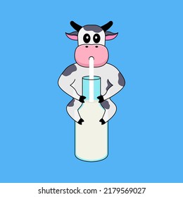 Cute cow mascot drinking milk on a milk bottle of illustration vector