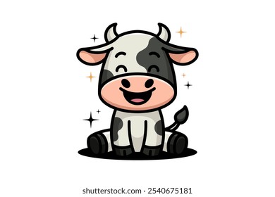 A cute cow mascot sits with a big smile and happy expression, radiating joy and friendliness. Ideal for branding, kids' content, and merchandise with a cheerful, lovable charm