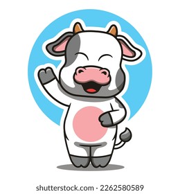 Cute cow mascot waving cartoon vector illustration. Suitable for logos, stickers, t-shirts, web designs, advertisements and more