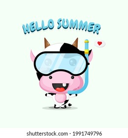 Cute cow mascot wearing diving gear in summer
