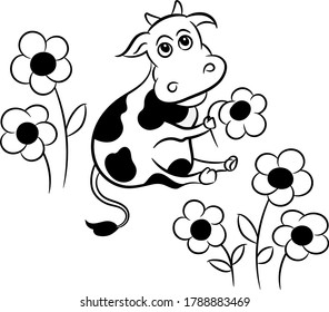 Cute cow in the meadow cartoon vector printing logo design