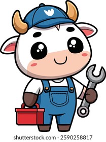 Cute Cow Mechanic Cartoon Character Illustrations isolated on a White Background